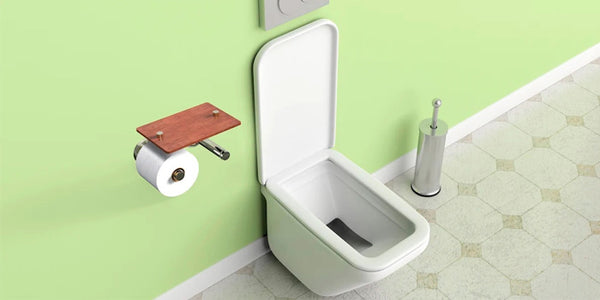 TP holder with wood shelf next to ultra modern toilet