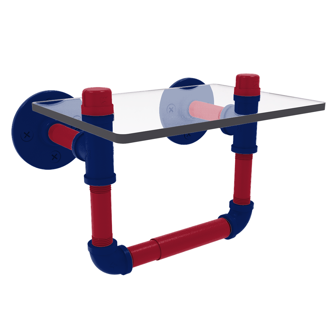 Gridiron Collection Toilet Tissue Holder with Glass Shelf New York Blue and Red Edition