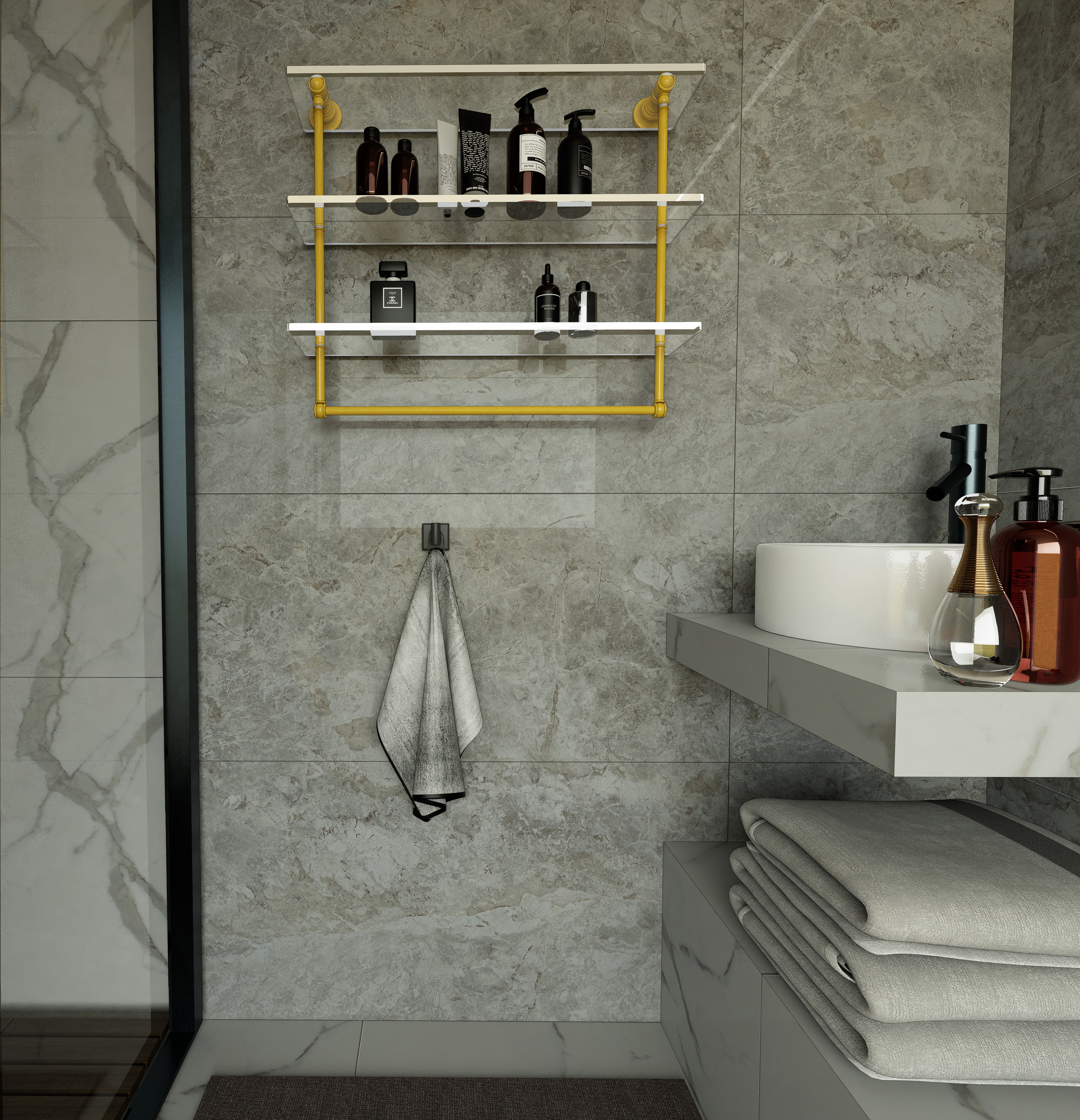 Carolina Collection Triple Glass Shelf with Towel Bar