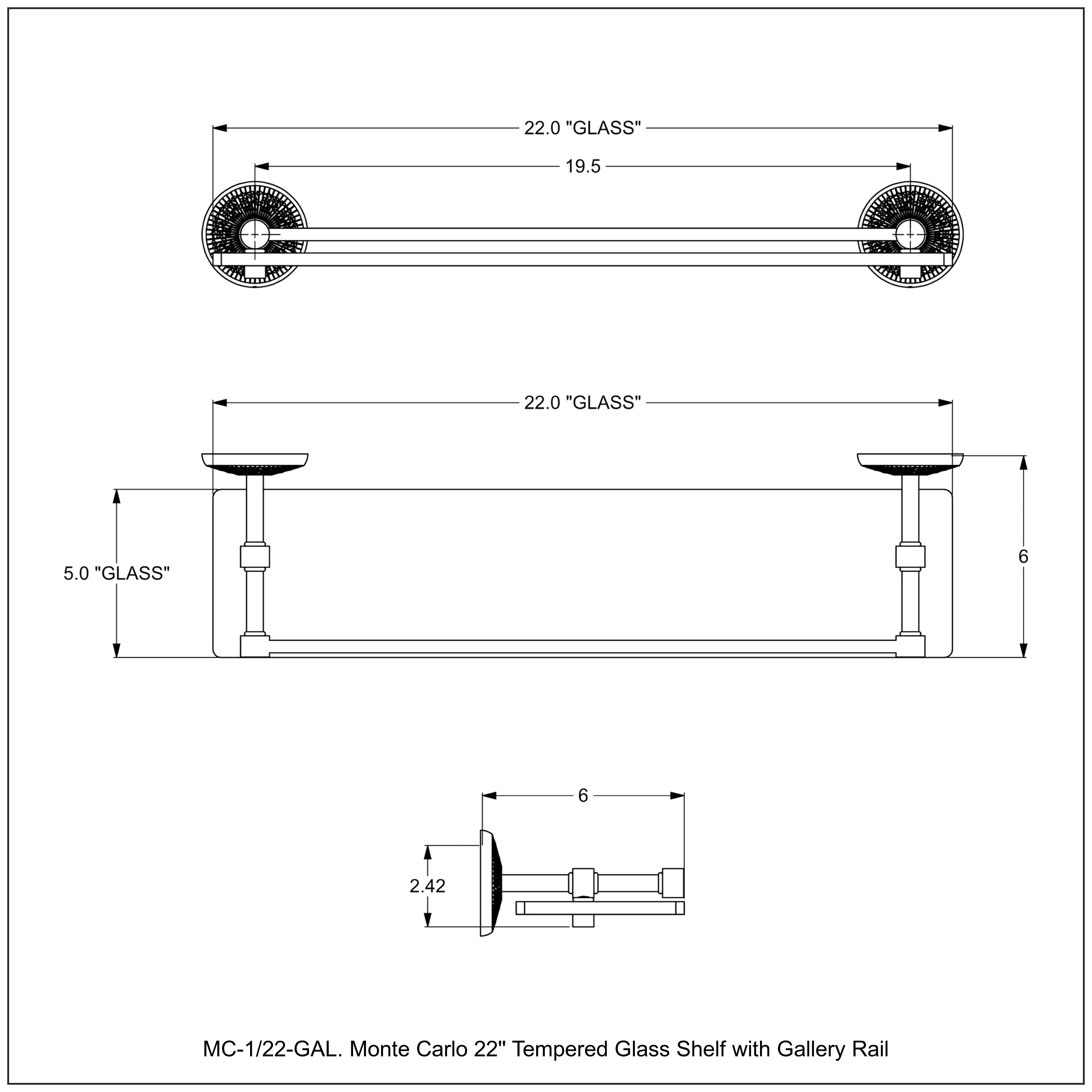 Monte Carlo Collection Tempered Glass Shelf with Gallery Rail