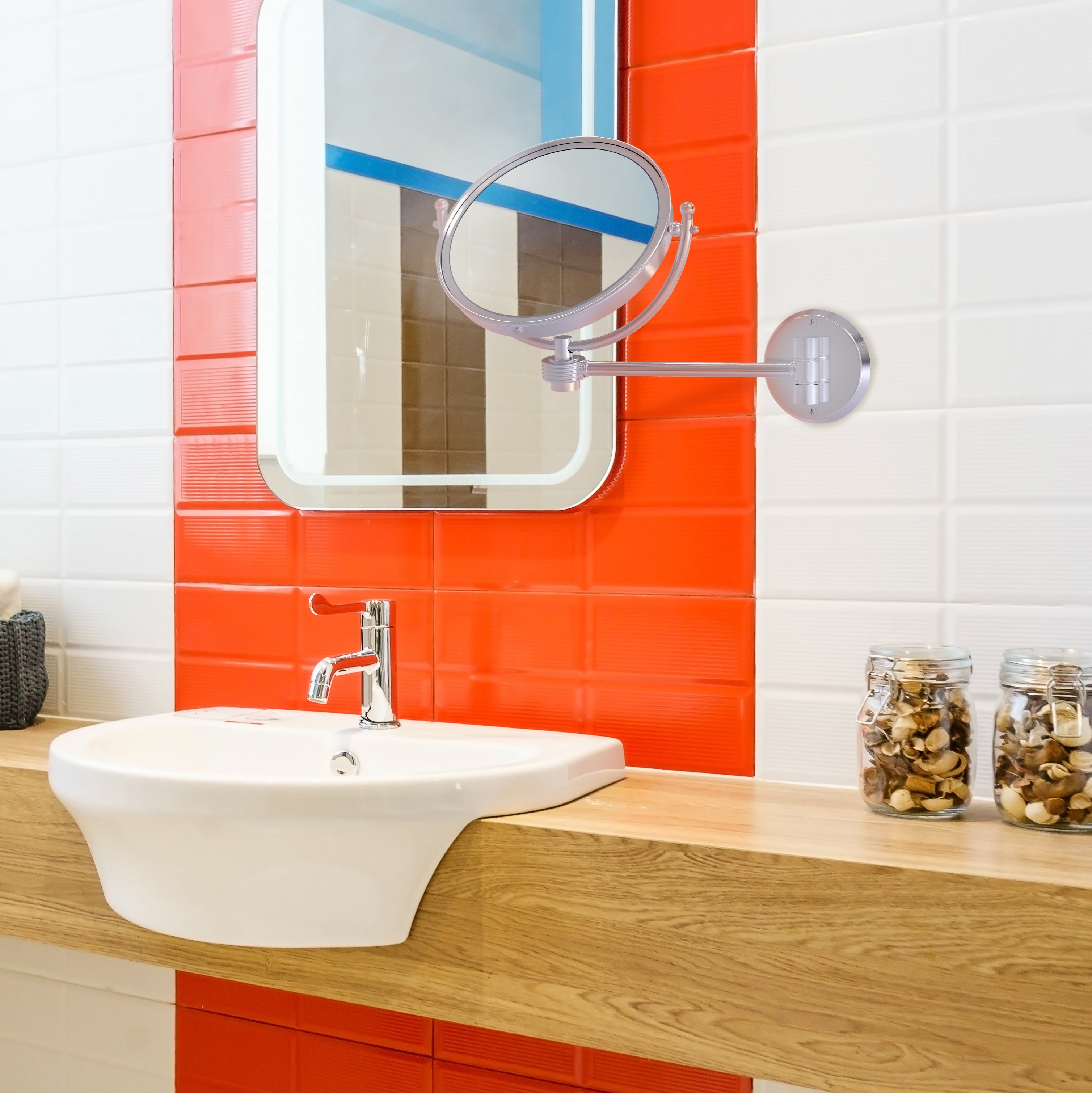 8 Inch Wall Mounted Make-Up Mirror with Grooved Accents