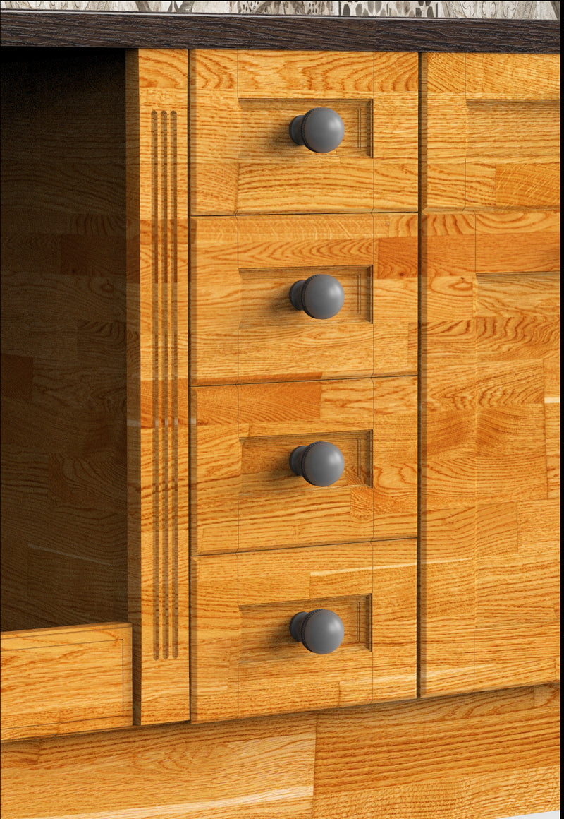 Matte bray beaded brass knobs on wood cabinet