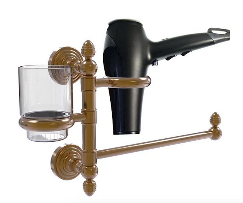 Bathroom organizer holds hair dryer and tumbler, with swivel arm
