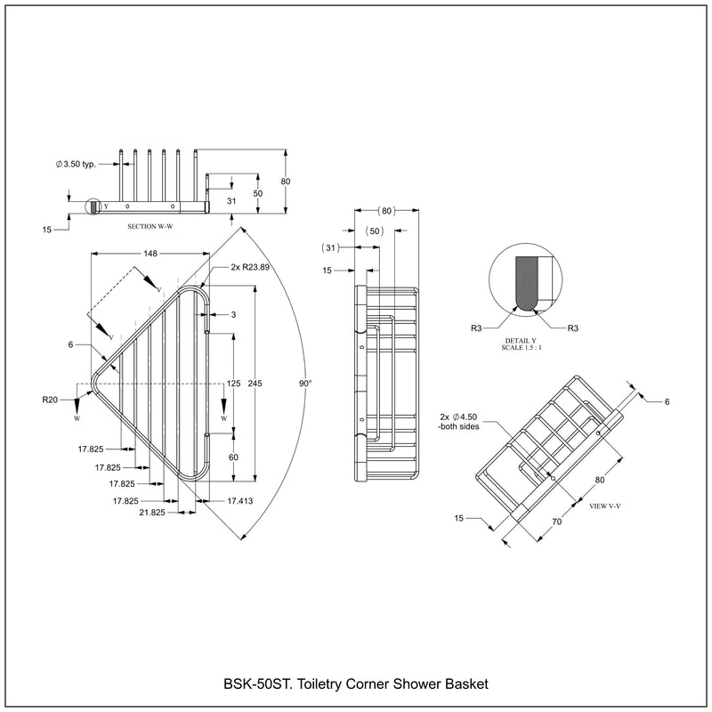Signature Hardware 908355 Solid Brass Corner Shower Basket - Chrome, Silver