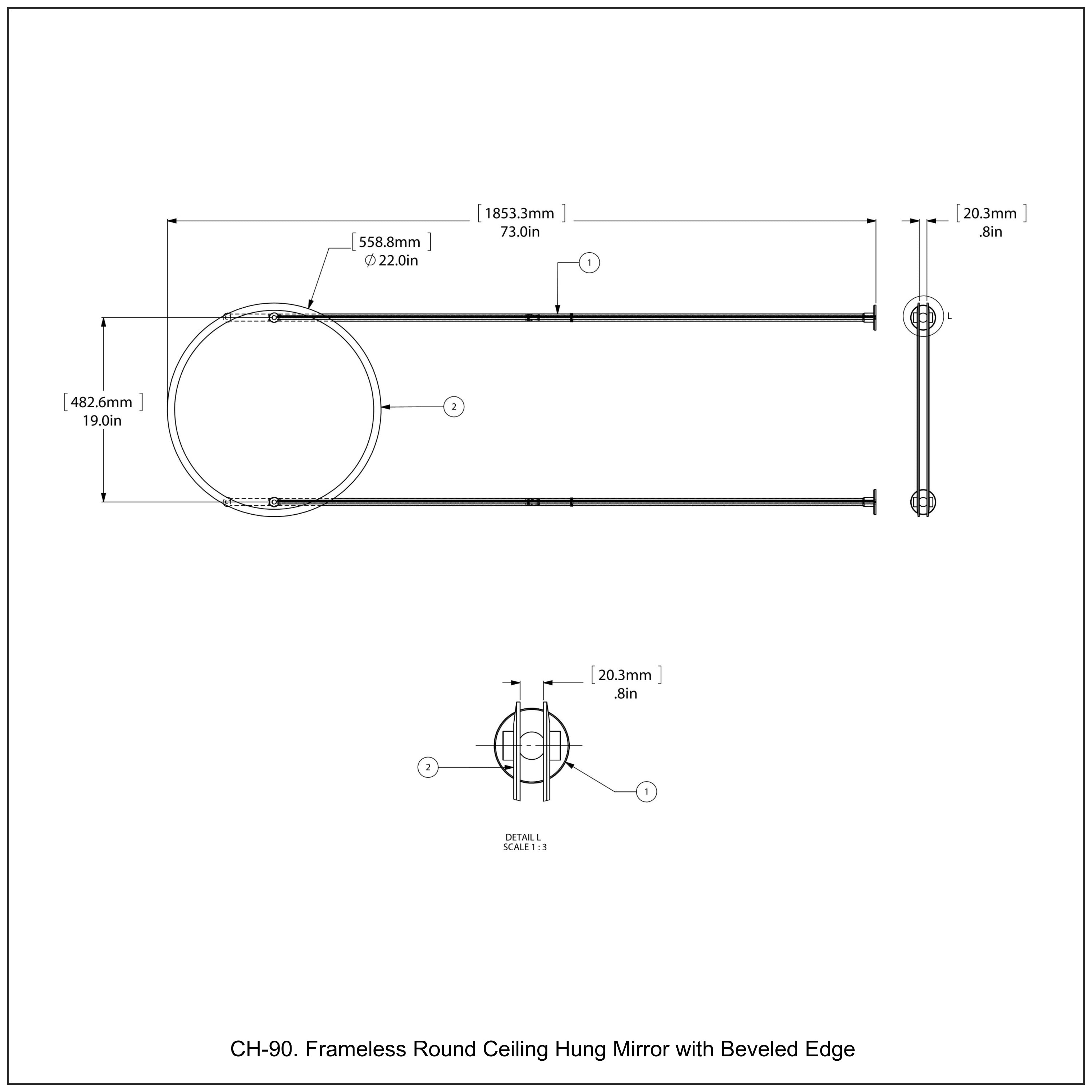 Frameless Round Ceiling Hung Mirror with Beveled Edge